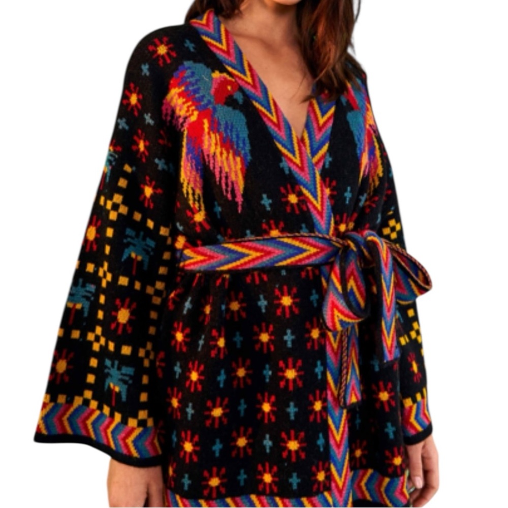 NWT FARM RIO Black Macaw Night Kimono Sweater Cardigan L - Picture 2 of 10